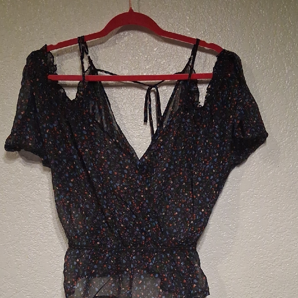 Forever 21 Black Floral Cold-Shoulder Camisole with Tie Back